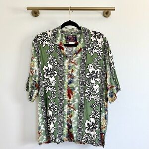 Vintage Green Floral Hawaiian Shirt by Basix Button Down Lightweight Beachwear